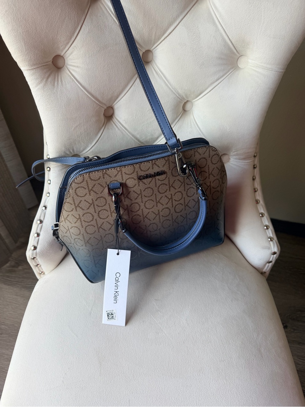 Calvin Klein Blue Ombré Monogram Satchel Crossbody Bag NWT w/ Dust Bag - Picture 4 of 14